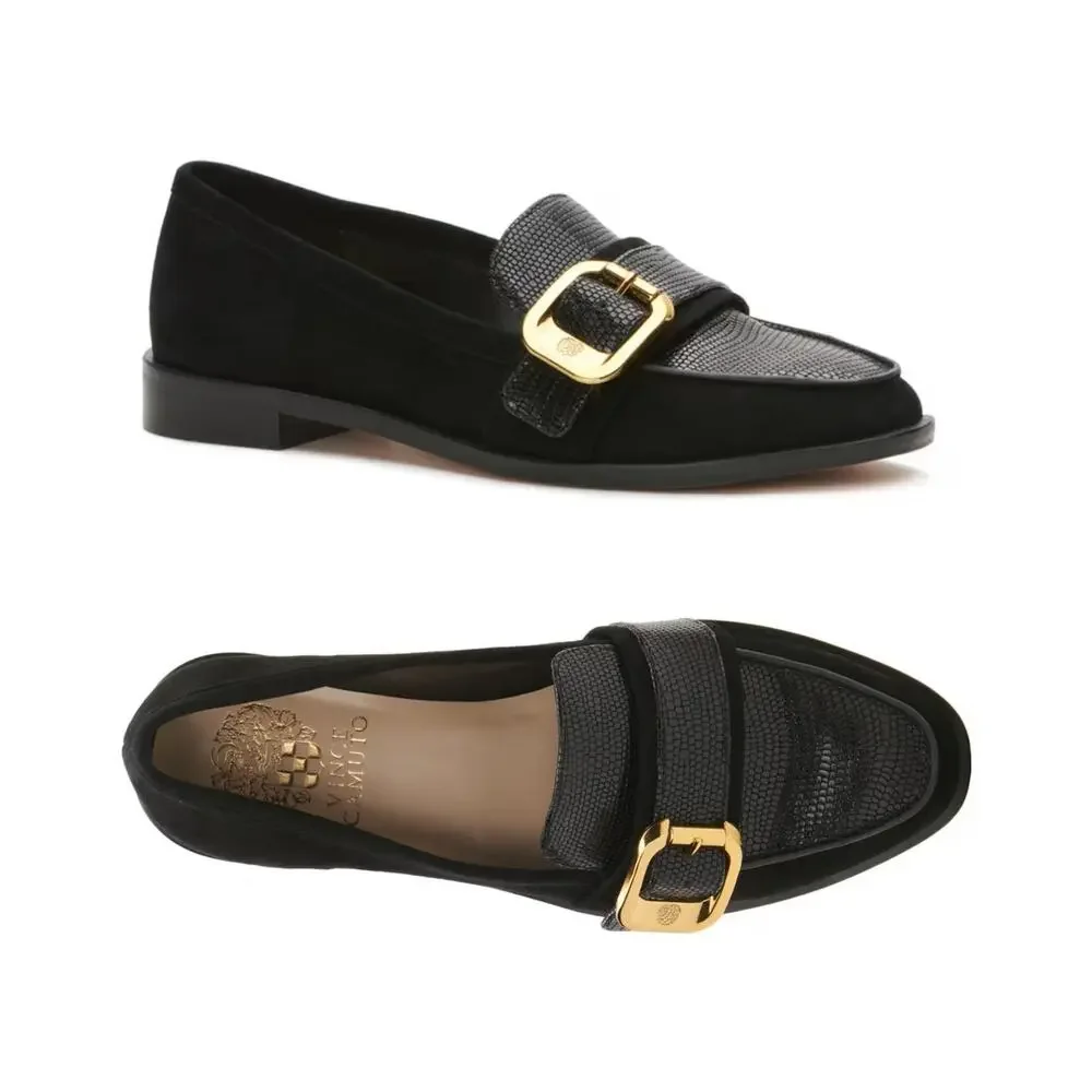 NEW Vince Camuto Cenkanda Black Leather & Suede Gold Buckle Slip On Loafer Flat